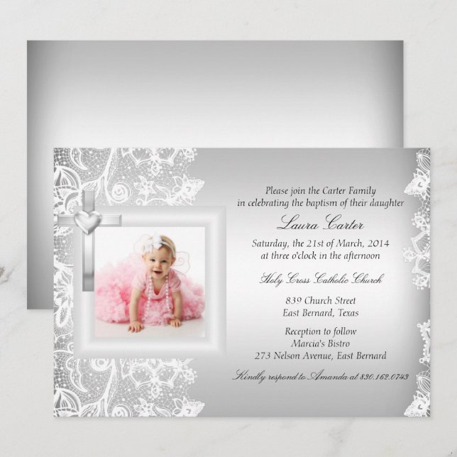 Pretty Lace & Cross Silver Baptism/Christening Invitation (Front/Back)