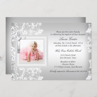 Pretty Lace & Cross Silver Baptism/Christening Invitation
