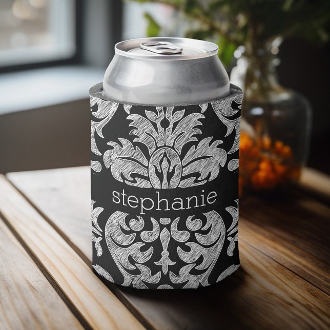 Pretty Lace Damask Pattern Black and White Can Cooler (Personalized Can Cooler - Add Custom Text or Name)