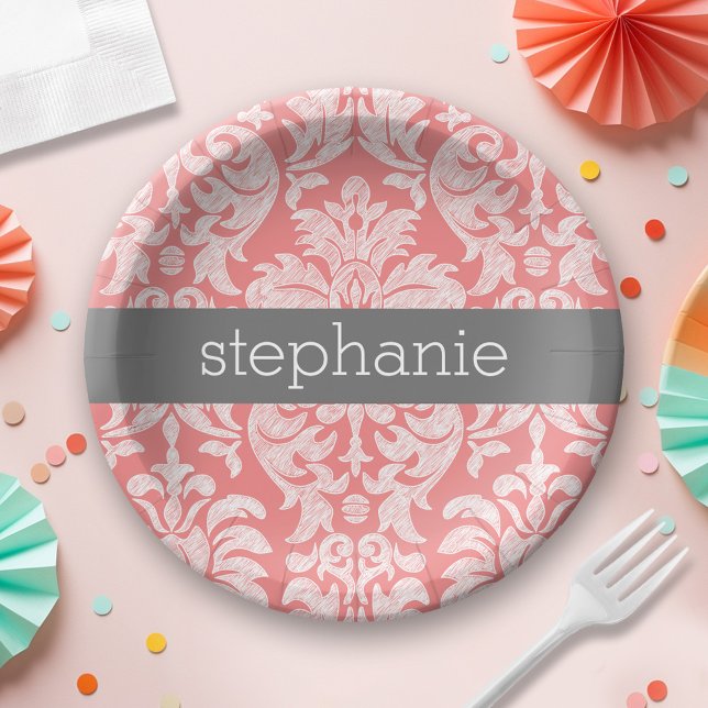 Pretty Lace Damask Pattern Coral Gray Paper Plates (Personalized Party Plates)