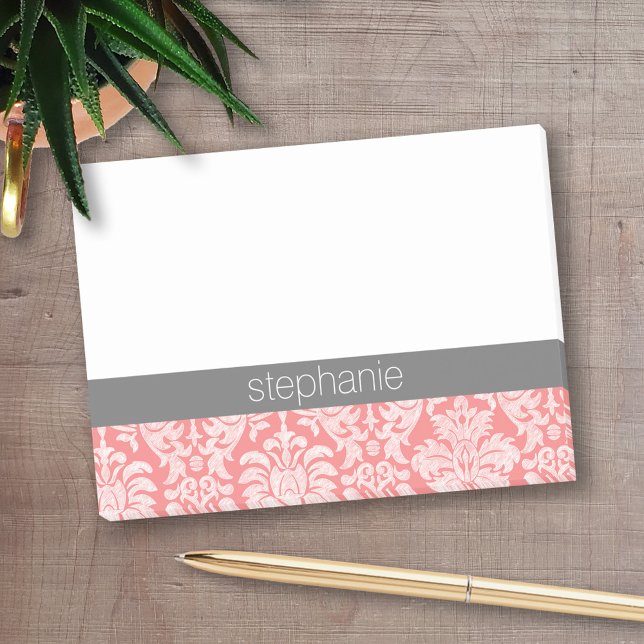 Pretty Lace Damask Pattern Coral Gray Post-it Notes (Personalized Post-It Notes - add name or other text)