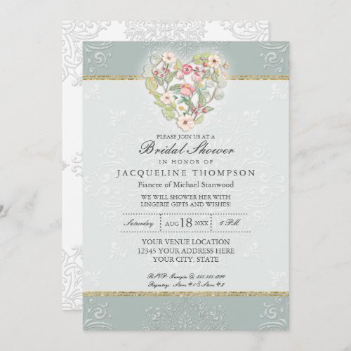 Pretty Lace Dusty Silver Sage Floral Bridal Shower Invitation