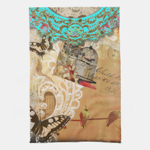 Pretty Lace Edge Vintage Butterfly Turquoise Sepia Towel