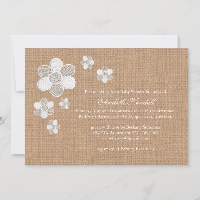 Pretty Lace Flowers on Burlap Baby Shower Invite (Front)
