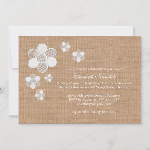 Pretty Lace Flowers on Burlap Baby Shower Invite