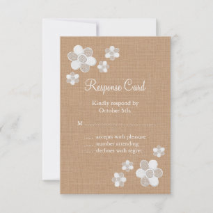 Pretty Lace Flowers on Burlap RSVP Card