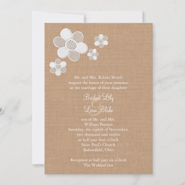 Pretty Lace Flowers on Burlap Wedding Invitation (Front)