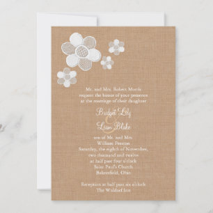 Pretty Lace Flowers on Burlap Wedding Invitation