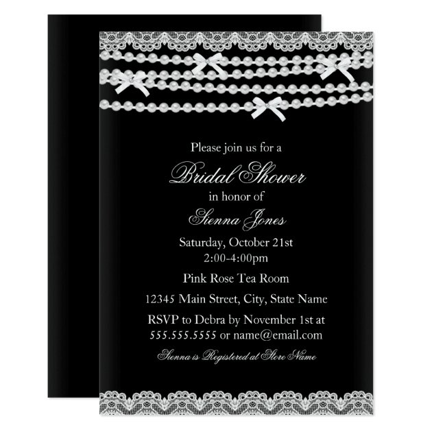 Pretty Lace & Pearl Black Bridal Shower Invitation