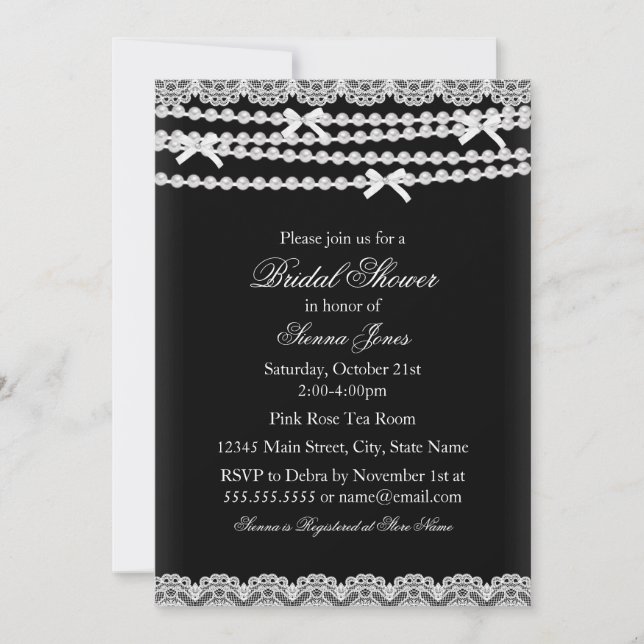 Pretty Lace & Pearl Black Bridal Shower Invitation (Front)