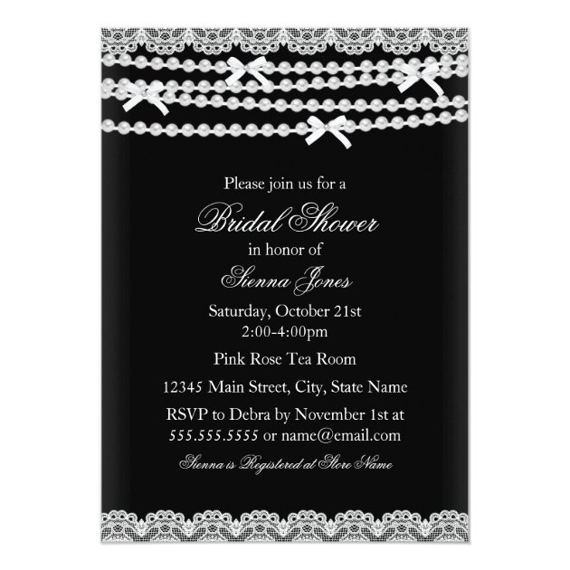 Pretty Lace & Pearl Black Bridal Shower Invitation