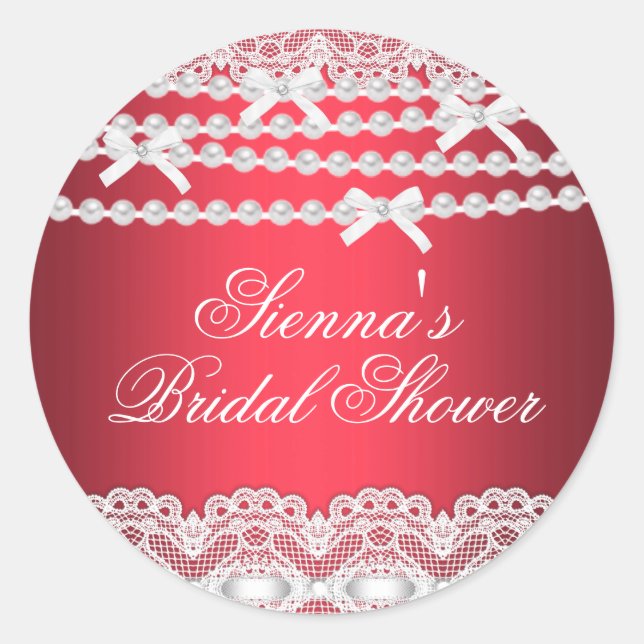 Pretty Lace & Pearl Red Bridal Shower Sticker (Front)