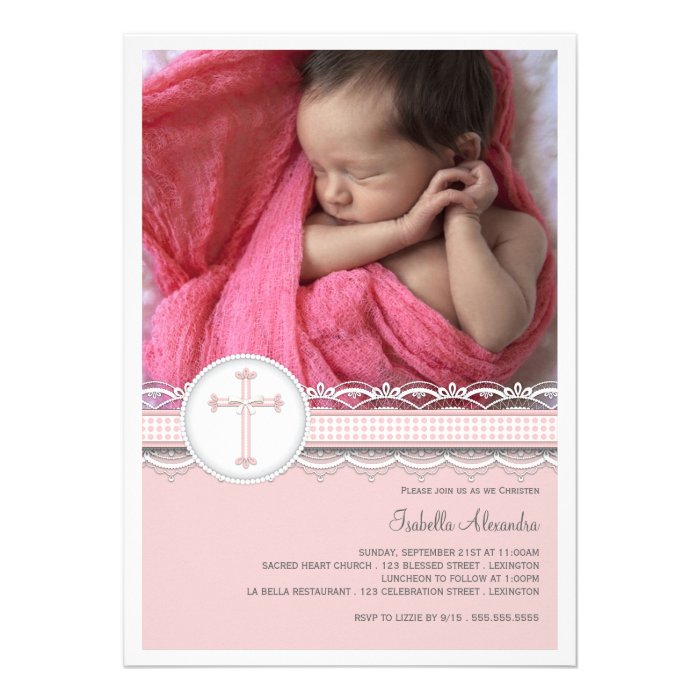 Pretty Lace Photo Christening Invitation