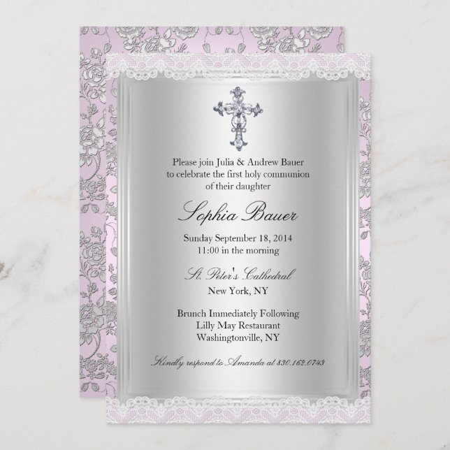 Pretty Lace Pink First Holy Communion Invitation (Front/Back)