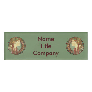 Pretty Ladies in Mosaic Circle Leaves Ribbons Hair Name Tag