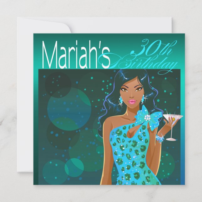 Pretty Lady Birthday Cocktail Party teal/aqua Invitation (Front)
