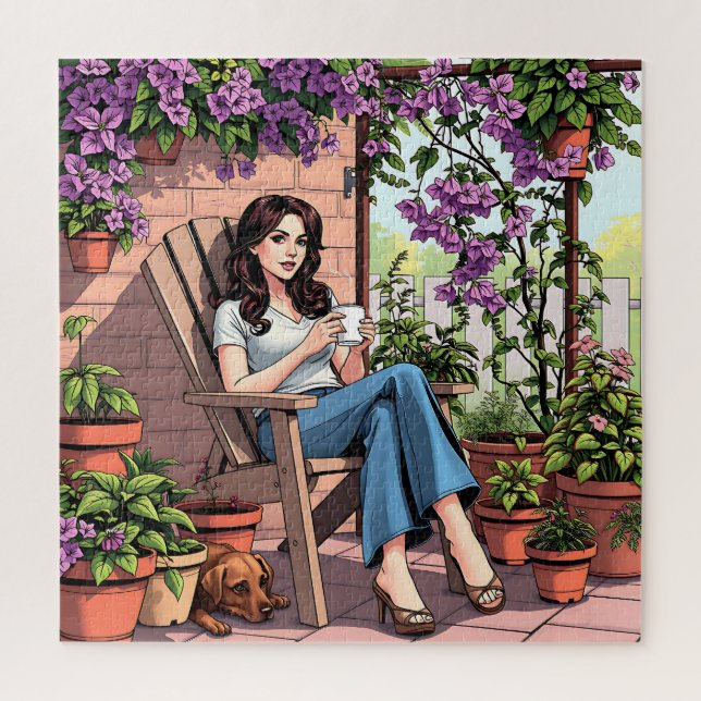 Pretty Lady Drinking Coffee Relaxing Outside Jigsaw Puzzle (Vertical)