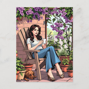 Pretty Lady Drinking Coffee Relaxing Outside Postcard