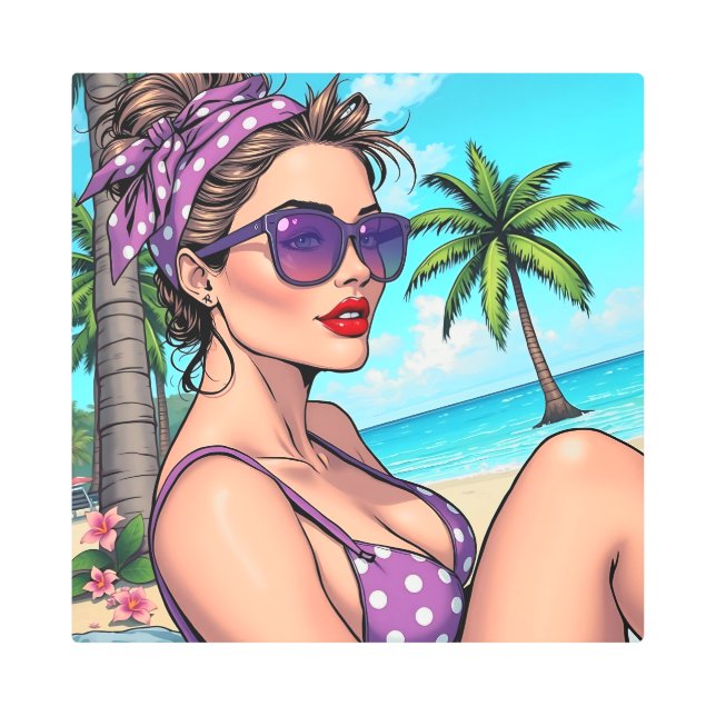 Pretty Lady in Bikini Retro Breach Metal Print (Front)