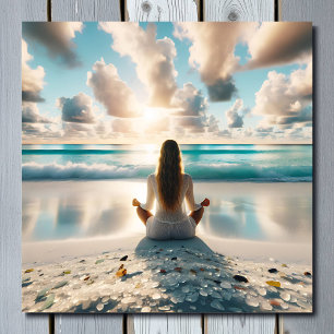 Pretty Lady Meditating on Beach Poster