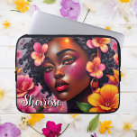 Pretty Lady of Color Pink Flowers Personalized Laptop Sleeve<br><div class="desc">Cool ai art depicting a pretty African-American woman with yellow and  pink flowers in her hair. Pretty hyper realistic digital art. Personalized tablet case.</div>