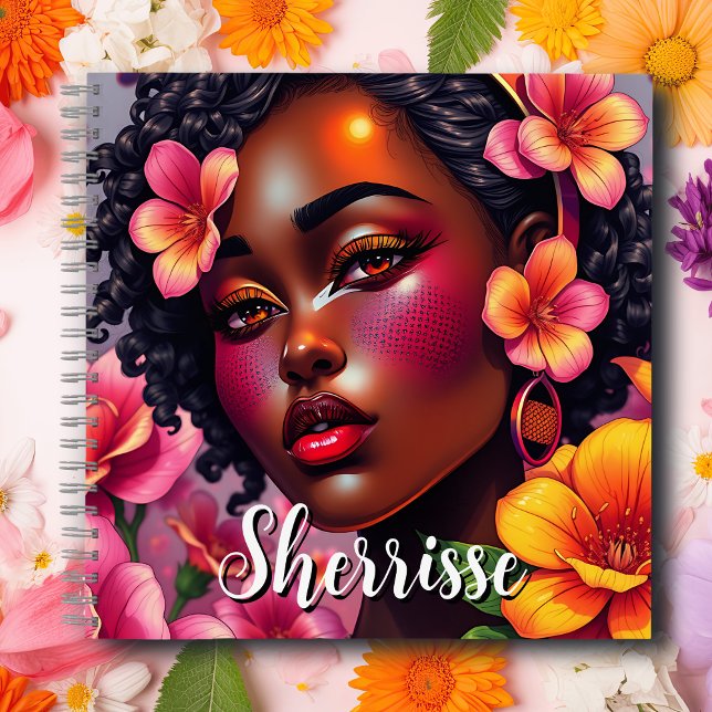 Pretty Lady of Color Pink Flowers Personalized Notebook (Creator Uploaded)