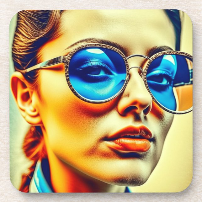 Pretty Lady with Blue Sunglasses with Reflection Beverage Coaster (Front)