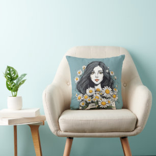 Pretty Lady With Daisy Bouquet Throw Pillow