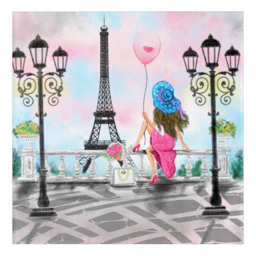Pretty Lady with Pink Heart Balloon _ I Love Paris Acrylic Print