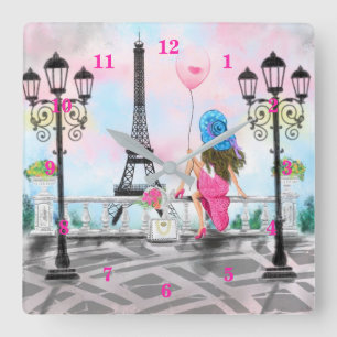 Pretty Lady with Pink Heart Balloon - I Love Paris Square Wall Clock