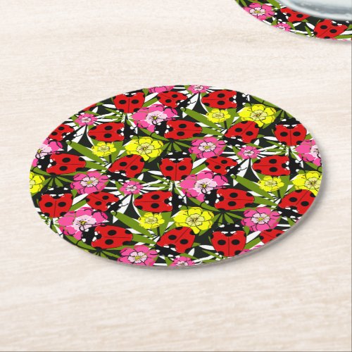 Pretty Ladybug and Flowers Pattern Cute Round Paper Coaster