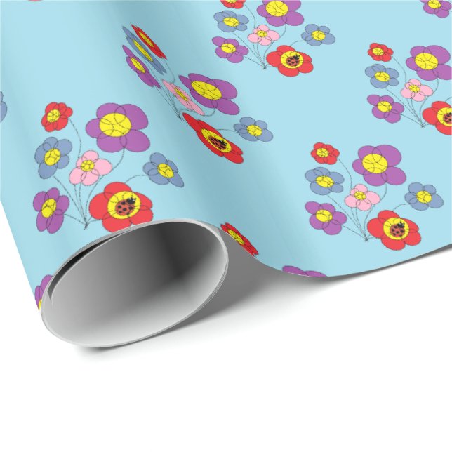Pretty Ladybugs and Flower Pattern Blue  Wrapping Paper (Roll Corner)