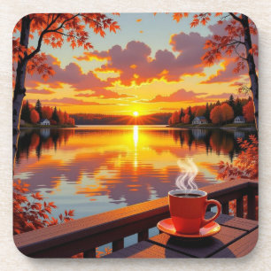 Pretty Lake Side View of a Sunrise and Warm Coffee Beverage Coaster