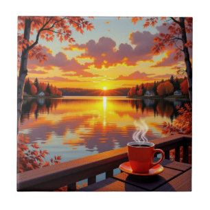Pretty Lake Side View of a Sunrise and Warm Coffee Ceramic Tile