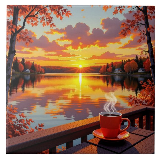 Pretty Lake Side View of a Sunrise and Warm Coffee Ceramic Tile (Front)