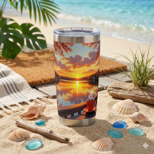 Pretty Lake Side View of a Sunrise and Warm Coffee Insulated Tumbler
