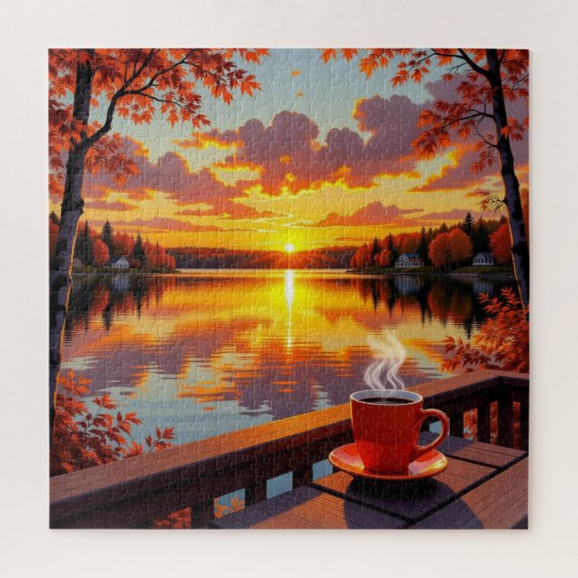 Pretty Lake Side View of a Sunrise and Warm Coffee Jigsaw Puzzle (Vertical)