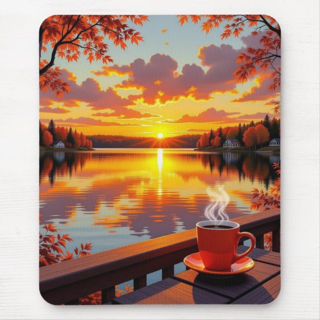 Pretty Lake Side View of a Sunrise and Warm Coffee Mouse Pad (Front)