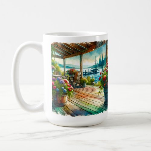 Pretty Lakehouse View Deck and Flowers Coffee Mug