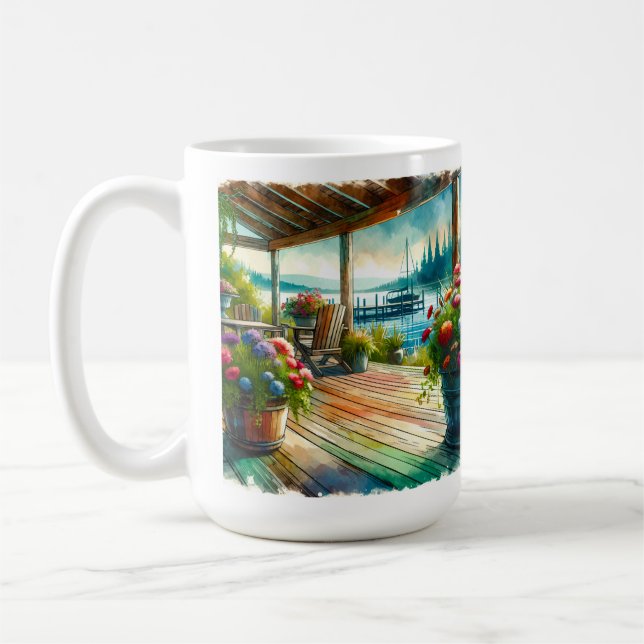 Pretty Lakehouse View Deck and Flowers Coffee Mug (Left)