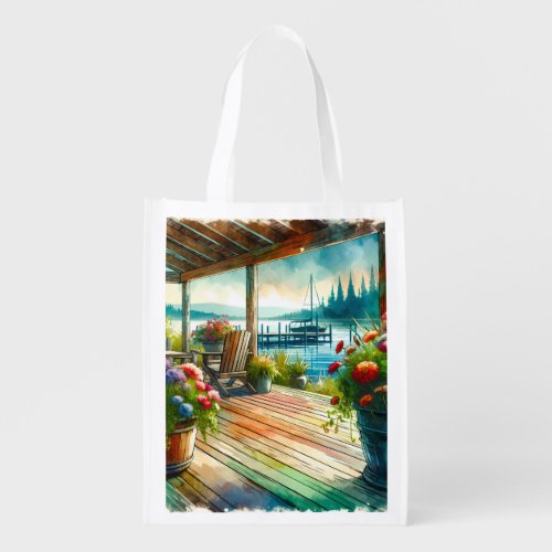 Pretty Lakehouse View Deck and Flowers Grocery Bag