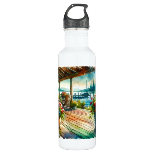 Pretty Lakehouse View Deck and Flowers Stainless Steel Water Bottle