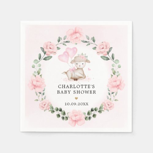 Pretty Lamb Baby Pink Floral Baby Shower Favors Napkins