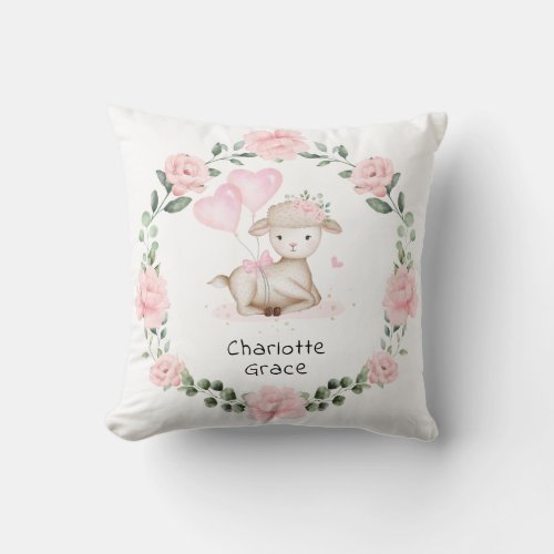 Pretty Lamb Pink Floral Wreath Baby Girl Nursery Throw Pillow