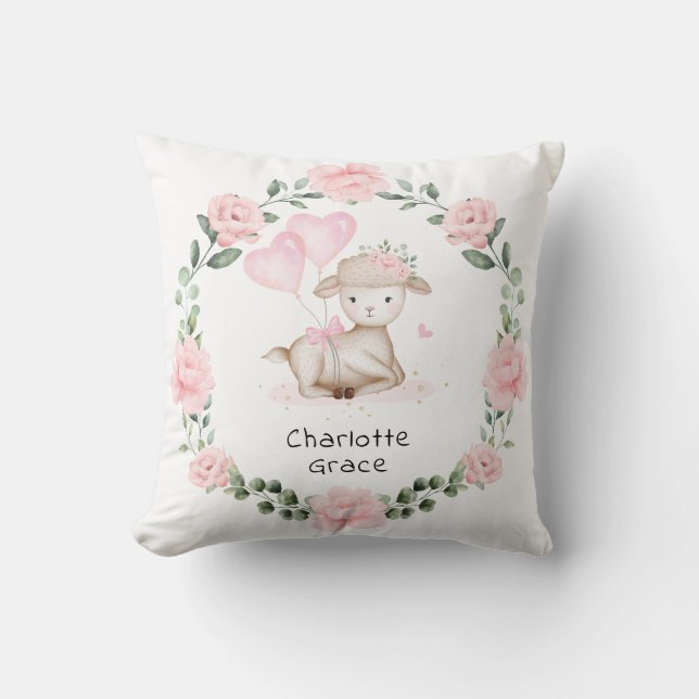 Pretty Lamb Pink Floral Wreath Baby Girl Nursery Throw Pillow (Front)
