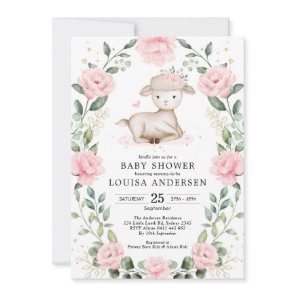 Pretty Lamb Pink Floral Wreath Girl Baby Shower Invitation