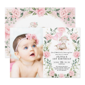 Pretty Lamb Pink Floral Wreath Girl Birthday Party Invitation