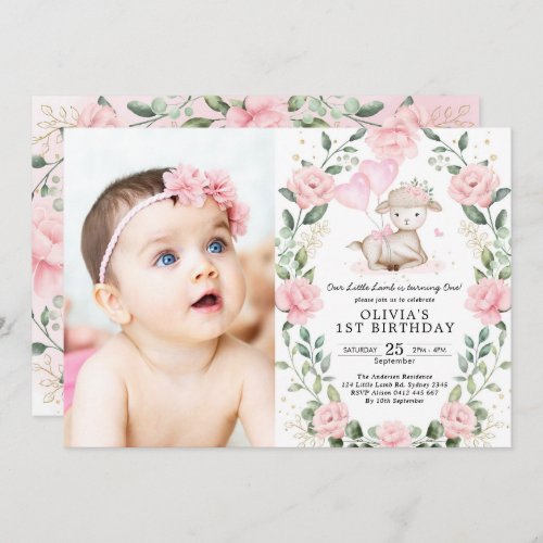 Pretty Lamb Pink Floral Wreath Girl Birthday Party Invitation