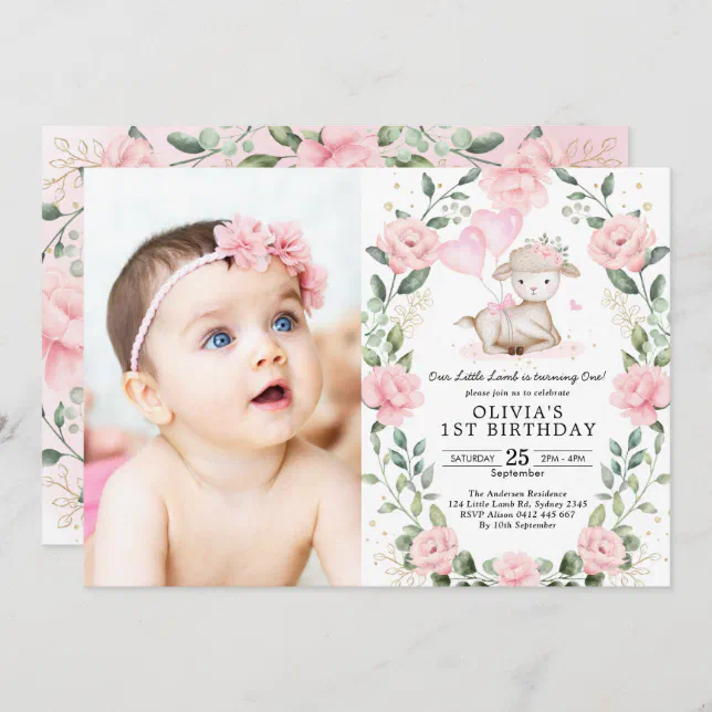 Pretty Lamb Pink Floral Wreath Girl Birthday Party Invitation | Zazzle