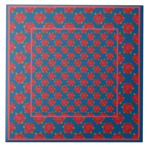 Pretty Large Ceramic Tile Red Roses on Blue Ceramic Tile